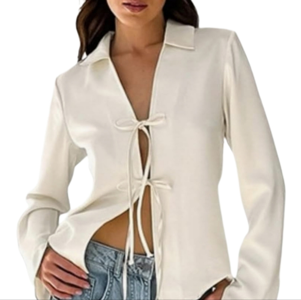 Rachel Zoe New York Cream Satin Button/Tie Front Deep V Neck Blouse Sz M NWT